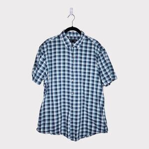 John Varvatos Star USA Blue Check Short Sleeve Button Down Shirt Men's Large